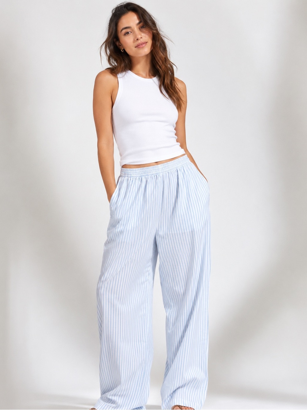 Gianni Bini Pants Women Blue Stripe Lightweight Cotton Size 10 Wide Leg NWT